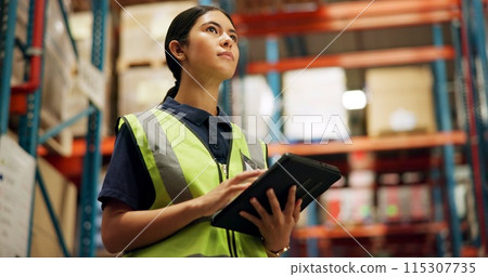 Thinking, warehouse and woman on tablet for inspection, inventory and online stock. Manufacturing, distribution and person on digital tech for logistics, maintenance and supply chain list in factory Thinking, warehouse and woman on tablet for inspection, inventory and online stock. Manufacturing, distribution and person on digital tech for logistics, maintenance and supply chain list in factory 115307735