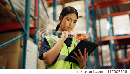Shipping, warehouse and woman on tablet for inspection, inventory and online stock. Manufacturing, distribution and person on digital technology for logistics, maintenance and checklist in factory Shipping, warehouse and woman on tablet for inspection, inventory and online stock. Manufacturing, distribution and person on digital technology for logistics, maintenance and checklist in factory 115307736
