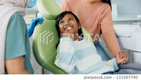 Kid, dentist and appointment for teeth or oral health education for prevention on tooth decay or hygiene. Little girl, mom and together for dentistry checkup or dental examination with orthodontist. 115307740