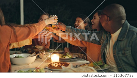 Friends, group toast and dinner on patio, night and conversation with food, new years eve and party. Women, man and outdoor at table with juice, memory or celebration with cheers, diversity or goals 115307752