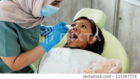 Dental, examination or girl and dentist with mirror for tooth cavity or gum disease search. Oral care, tool or kid consulting specialist for teeth whitening, growth or bacteria, braces or development Dental, examination or girl and dentist with mirror for tooth cavity or gum disease search. Oral care, tool or kid consulting specialist for teeth whitening, growth or bacteria, braces or development 115307778