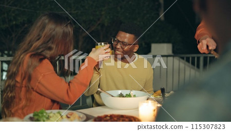 Friends, toast and outdoor dinner on patio, night and conversation with food, new years eve and party. Women, man and group at table with juice, memory or celebration with cheers, diversity and event Friends, toast and outdoor dinner on patio, night and conversation with food, new years eve and party. Women, man and group at table with juice, memory or celebration with cheers, diversity and event 115307823