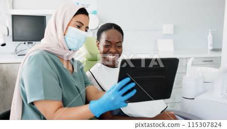 Happy woman, dentist and tablet with patient for dental care, results or tooth whitening at clinic. Young female person or orthodontist showing customer before and after teeth treatment on technology 115307824