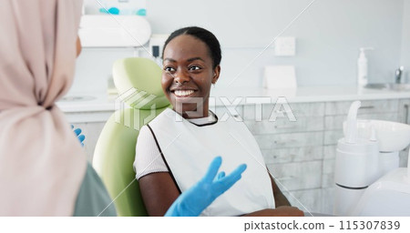 Happy woman, dentist and patient with consultation for teeth cleaning, treatment or dental care at clinic. Young female person or orthodontist consulting customer for oral, gum or tooth whitening Happy woman, dentist and patient with consultation for teeth cleaning, treatment or dental care at clinic. Young female person or orthodontist consulting customer for oral, gum or tooth whitening 115307839