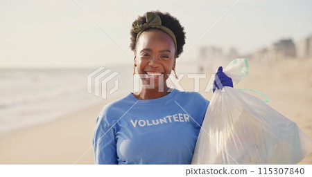 Beach, face or happy black woman with plastic bag for earth day, sustainability or ocean cleaning project. Recycle, sustainability and portrait of volunteer at sea for NGO, accountability or charity Beach, face or happy black woman with plastic bag for earth day, sustainability or ocean cleaning project. Recycle, sustainability and portrait of volunteer at sea for NGO, accountability or charity 115307840