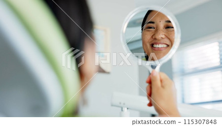Dental, smile and happy woman with mirror check at a dentist for teeth whitening results. Mouth, oral care and Asian female client with tooth, cleaning or routine checkup in Tokyo with satisfaction Dental, smile and happy woman with mirror check at a dentist for teeth whitening results. Mouth, oral care and Asian female client with tooth, cleaning or routine checkup in Tokyo with satisfaction 115307848