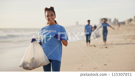 Volunteer, beach or happy woman with plastic bag for sustainability, help or ocean cleaning project. Accountability, portrait and volunteer at sea for earth day, social responsibility or NGO charity Volunteer, beach or happy woman with plastic bag for sustainability, help or ocean cleaning project. Accountability, portrait and volunteer at sea for earth day, social responsibility or NGO charity 115307851