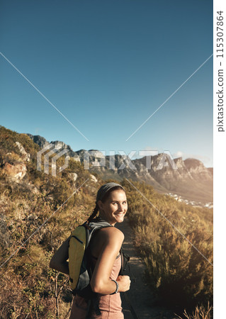 Portrait, hiking and woman with nature, blue sky and outdoor for adventure, wellness and vacation. Person, hiker and healthy girl with environment, mountain and cardio with journey, smile and fitness Portrait, hiking and woman with nature, blue sky and outdoor for adventure, wellness and vacation. Person, hiker and healthy girl with environment, mountain and cardio with journey, smile and fitness 115307864