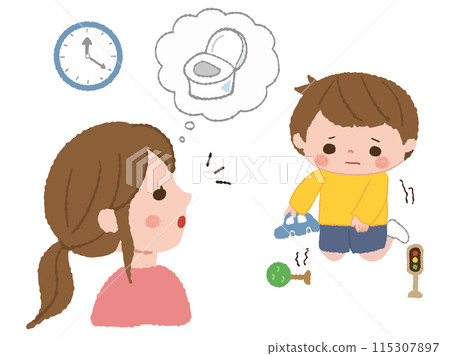 A mother notices her child holding in the toilet 115307897