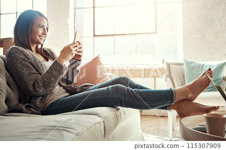 Relax, smile and woman with phone on sofa at home for social media, communication and notification. Happy, person and thinking with tech in living room for internet, connection and online dating app Relax, smile and woman with phone on sofa at home for social media, communication and notification. Happy, person and thinking with tech in living room for internet, connection and online dating app 115307909