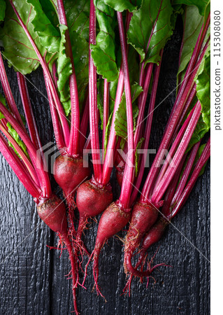 A bunch of fresh young beets with green leaves 115308080