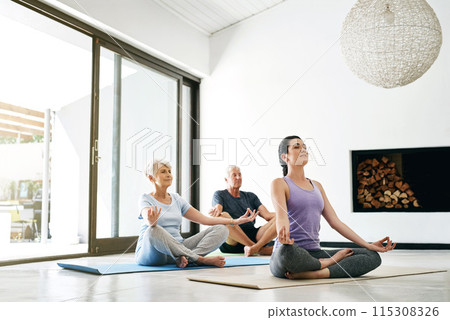 Yoga class, senior people or instructor with zen, lotus meditation or spiritual wellness at home. Apartment, elderly man or old woman with female teacher for chakra, balance or namaste with pilates 115308326