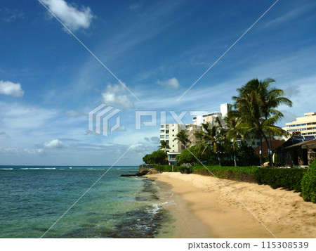 Makalei Beach with waves lapping, napakaa, lava rock wall and small hotels along the shore Makalei Beach with waves lapping, napakaa, lava rock wall and small hotels along the shore 115308539