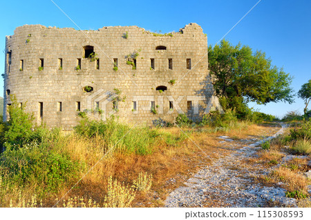 Amazing view of Fort Kosmach in Montenegro. Fortress is located near Budva. Old castle was built in Austro-Hungarian Empire as defensive structure and observation post. 115308593