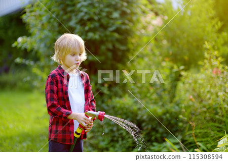 Cute boy watering plants and playing with garden hose with sprinkler in sunny backyard. Funny child having fun with spray of water. Summer outdoors activity for kids. Happy childhood. Gardening 115308594