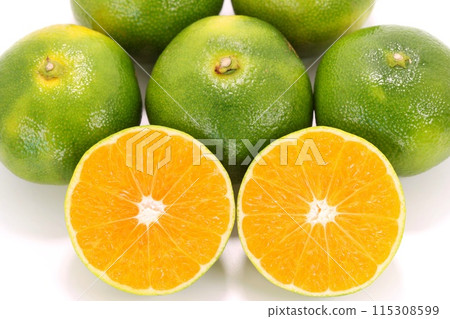 Nishiura mandarin oranges, early harvest, cut, cross section, bright background 115308599