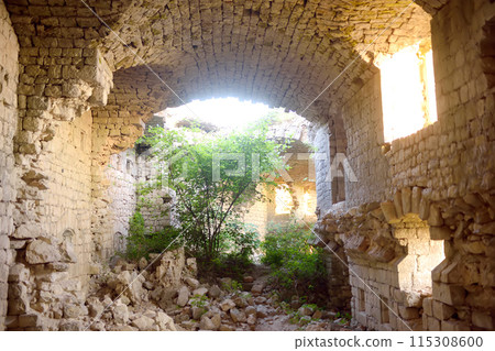 Ruins of Fort Kosmach in Montenegro. Fortress is located near Budva. Old castle was built in Austro-Hungarian Empire as defensive structure and observation post. 115308600