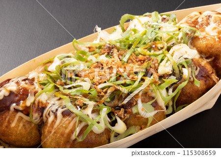 Takoyaki, burnt soy sauce, fried onions Takoyaki, burnt soy sauce, fried onions 115308659
