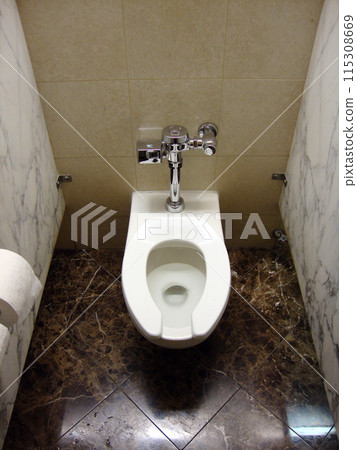Interior toilet in granite stall with electronic flush Interior toilet in granite stall with electronic flush 115308669