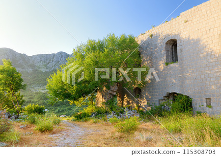 Amazing view of Fort Kosmach in Montenegro. Fortress is located near Budva. Old castle was built in Austro-Hungarian Empire as defensive structure and observation post. 115308703