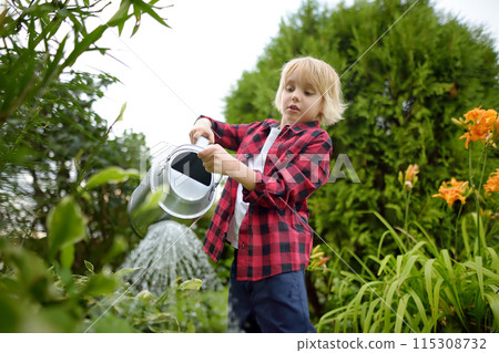 Cute preteen boy watering plants in the garden at summer sunny day. Child helps family with work in domestic garden. Summer outdoors activity and chores for kids during holidays. Cute preteen boy watering plants in the garden at summer sunny day. Child helps family with work in domestic garden. Summer outdoors activity and chores for kids during holidays. 115308732