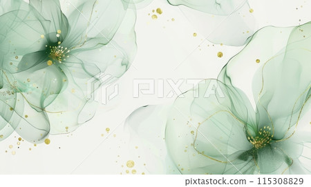 Elegant Floral Abstract Art With Green Translucent Flowers And Gold Accents Perfect For Wall Decor Print Cards Or Posters 115308829