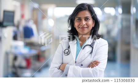 Confident Middle Aged South Asian Female Doctor in Medical Environment for Healthcare, Career, and Hospital Design Confident Middle Aged South Asian Female Doctor in Medical Environment for Healthcare, Career, and Hospital Design 115308830