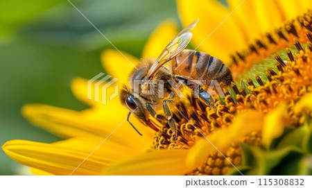Close-Up of a Honeybee on a Sunflower, Perfect for Nature and Wildlife Posters, Cards, and Educational Materials 115308832