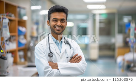 Confident Young South Asian Male Doctor in Hospital, Healthcare Professional for Medical, Print, Poster 115308876
