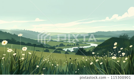 Tranquil Meadow Landscape in Flat Minimalist Style, Serene Summer Nature Scene for Posters and Prints 115308901