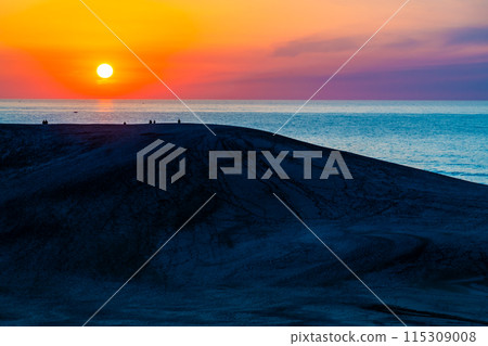 Sunset at Tottori Sand Dunes - Silhouette of a horse's back 115309008
