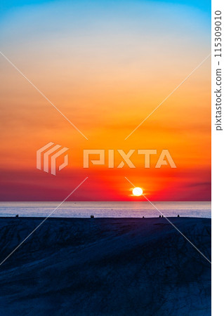 Sunset at Tottori Sand Dunes - Silhouette of a horse's back 115309010