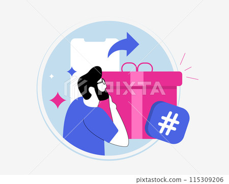 Social media contest, giveaway or competition. Digital marketing strategy on social media with creative contest ideas, rules and strategies. Viral smm campaigns isolated vector illustration Social media contest, giveaway or competition. Digital marketing strategy on social media with creative contest ideas, rules and strategies. Viral smm campaigns isolated vector illustration 115309206