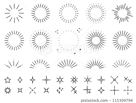 Simple sunburst and sparkling icon illustration set Sunburst Line drawing 115309794