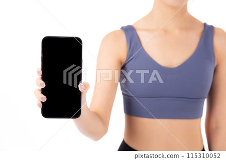 Closeup hands young asian woman in sportswear workout holding and presenting blank screen smartphone 115310052