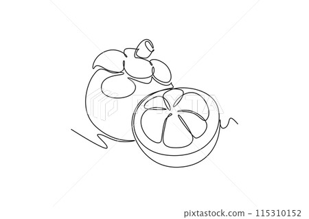 Continuous one line drawing whole and half sliced healthy sweet organic mangosteen for orchard logo identity. Fresh concept for fruit garden icon. Single line draw design vector graphic illustration Continuous one line drawing whole and half sliced healthy sweet organic mangosteen for orchard logo identity. Fresh concept for fruit garden icon. Single line draw design vector graphic illustration 115310152