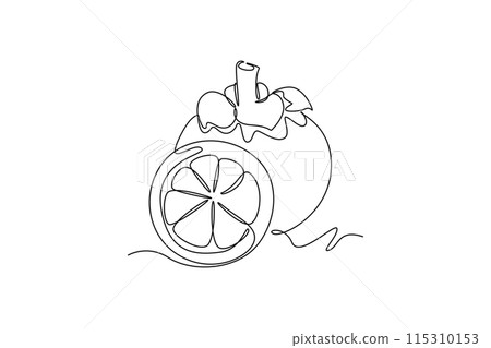 Continuous one line drawing whole and half cut healthy organic mangosteen for orchard logo identity. Fresh fruitage concept for fruit garden icon. Single line draw design vector graphic illustration Continuous one line drawing whole and half cut healthy organic mangosteen for orchard logo identity. Fresh fruitage concept for fruit garden icon. Single line draw design vector graphic illustration 115310153