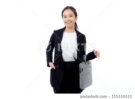 Beautiful portrait young business asian woman holding a briefcase isolated. Beautiful portrait young business asian woman holding a briefcase isolated. 115310313