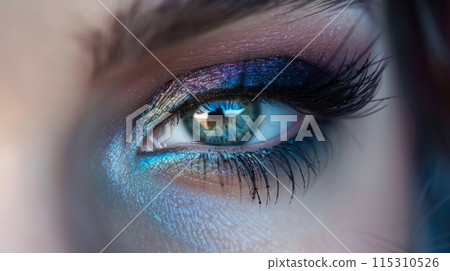 Vibrant and Intricate Eye Makeup with Colorful Metallic Shades for Creative Beauty and Fashion Photography 115310526