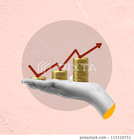 A human hand holding a golden stack of coins with an increased graph arrow A human hand holding a golden stack of coins with an increased graph arrow 115310731