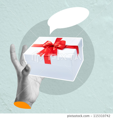 Hand presenting gift box with thought bubble on textured background Hand presenting gift box with thought bubble on textured background 115310742