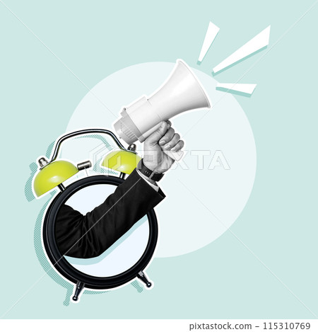Business hand through alarm clock holding megaphone 115310769