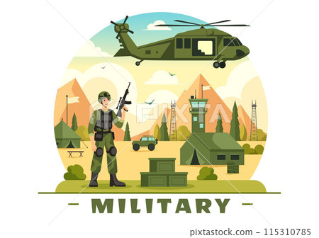 Vector Illustration of Military Army Forces featuring Soldiers, Weapons, Tanks, and Heavy Protective Equipment in a Flat Style Cartoon Background 115310785