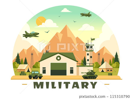 Vector Illustration of Military Army Forces featuring Soldiers, Weapons, Tanks, and Heavy Protective Equipment in a Flat Style Cartoon Background 115310790