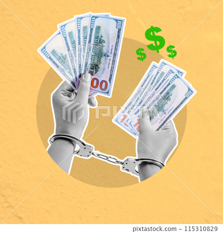 A human hand with a handcuff holding one hundred dollars banknote money A human hand with a handcuff holding one hundred dollars banknote money 115310829