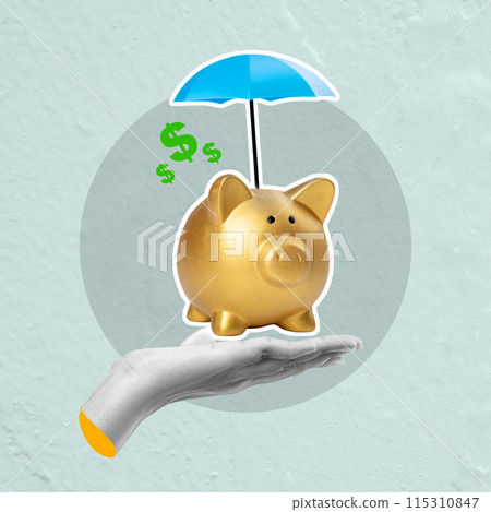 A human hand shows a piggy bank with a blue umbrella above it A human hand shows a piggy bank with a blue umbrella above it 115310847
