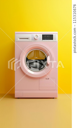 A pink washing machine is on a yellow background A pink washing machine is on a yellow background 115310876