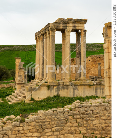 Well-preserved remnants of temple of Juno Caelestis in Dougga, Tunisia Well-preserved remnants of temple of Juno Caelestis in Dougga, Tunisia 115310898