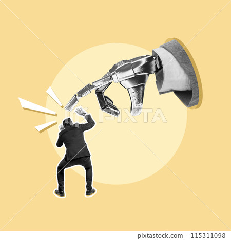 A robotic business hand pointing at a tiny businessman A robotic business hand pointing at a tiny businessman 115311098