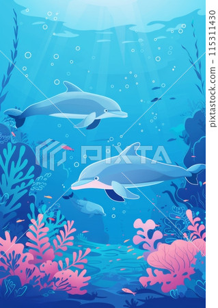 與海豚、魚和海藻的水下背景 115311430